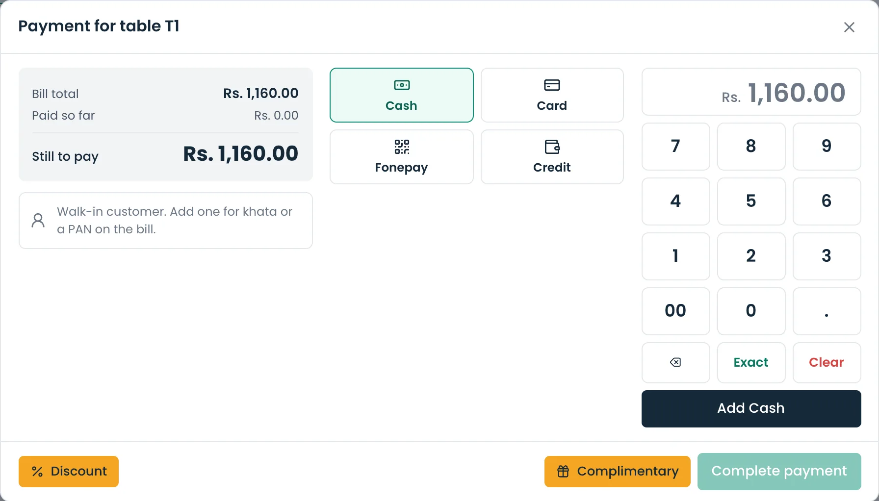 The payment window: a bill of Rs. 1,160, the payment methods Cash, Card, Fonepay and Credit, and a number keypad.